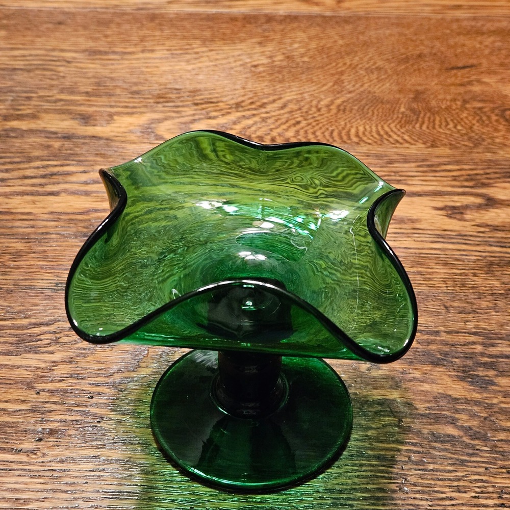 Vintage Emerald Green Hand Blown Glass Ruffled Pedestal Compote Candy Dish Bowl